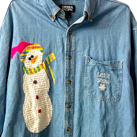 Sierra Pacific Denim Snowman Embroidered Button Up Holiday Shirt Size Large - Picture 5 of 5